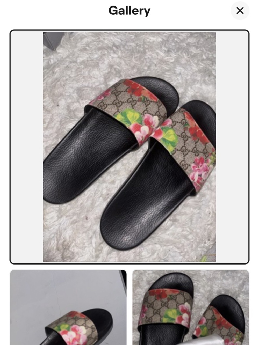 Gucci Floral Monogram Slide Sandals in Black with Pink and Green Accents - Picture 4 of 12
